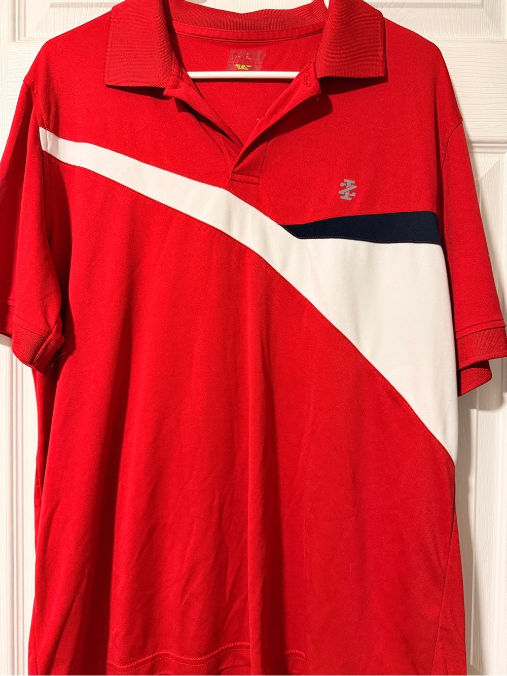 Izod Red Polo with White and Navy Diagonal Panel